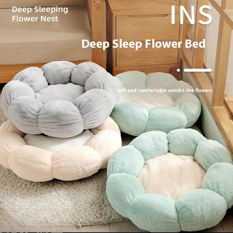 All Season Plush Cat Bed Neck Guard Flower Shaped Round Pet Cats