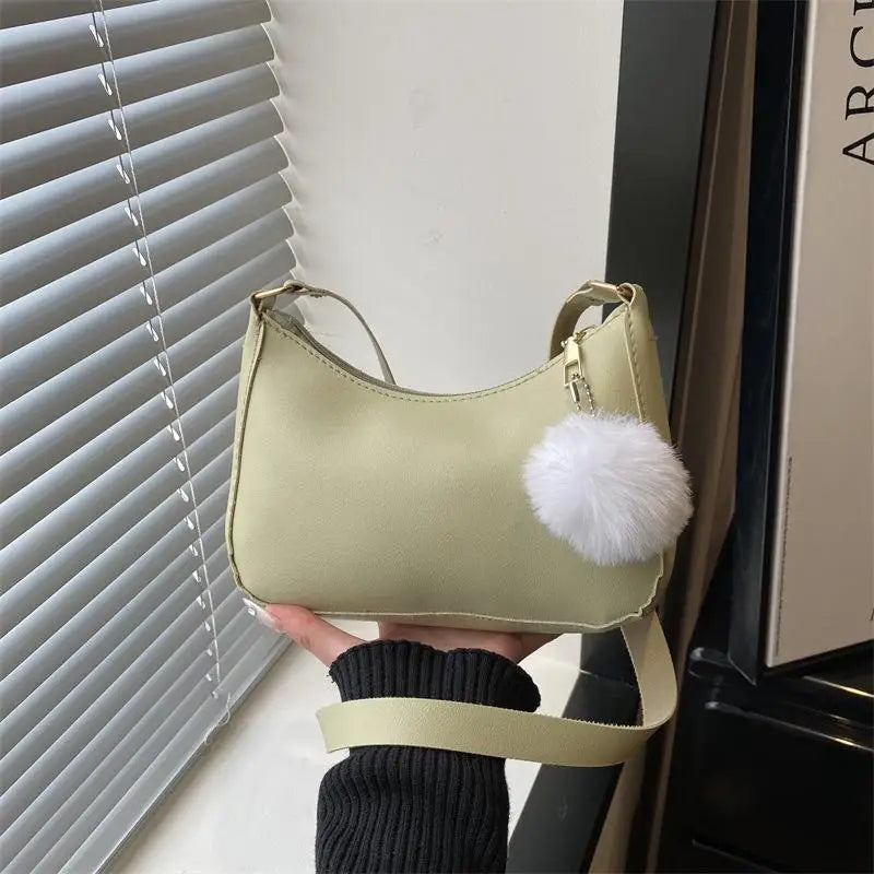 Women's PU Leather Hobo Shoulder Bag with Pom-Pom Charm