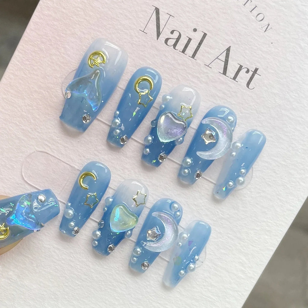3D Star Moon Press On Nails – Gradient Blue Fairy Style