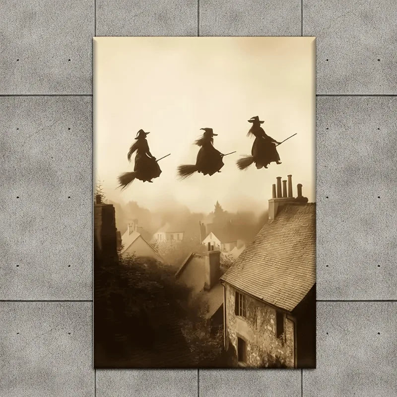 Retro Witch Flying Over Village Canvas Art Print | Unframed Wall Art