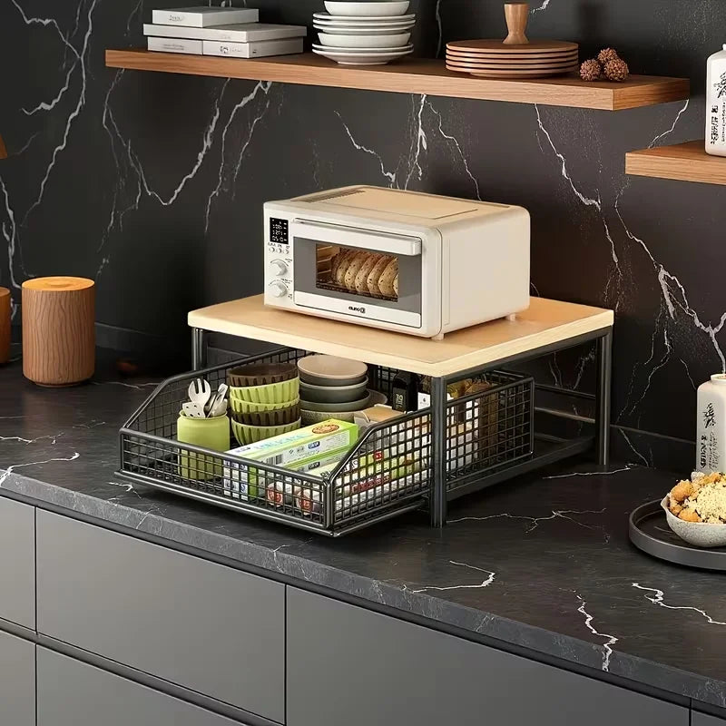 Metal & Wood Microwave Rack with Pull-Out Drawer | Kitchen Organizer