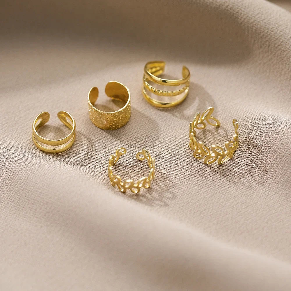 5-Piece Silver Leaf Clip Earring Set – Non-Piercing Ear Cuffs