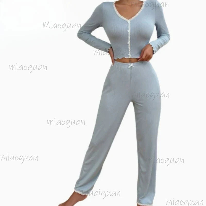 Women's Lace Trim Pajama Set – Long Sleeve Top & Trousers