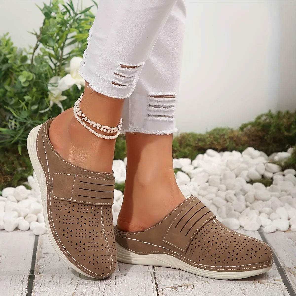 Women's Vintage Wedge Mule Sandals – Slip-On Faux Leather