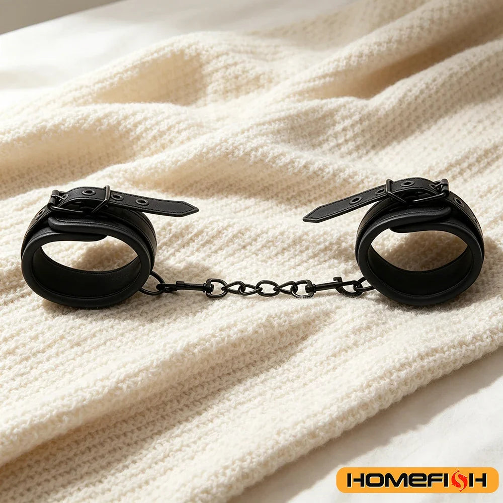SM Binding Black Leather Sponge Edging Sex Handcuffs Adult Flirting