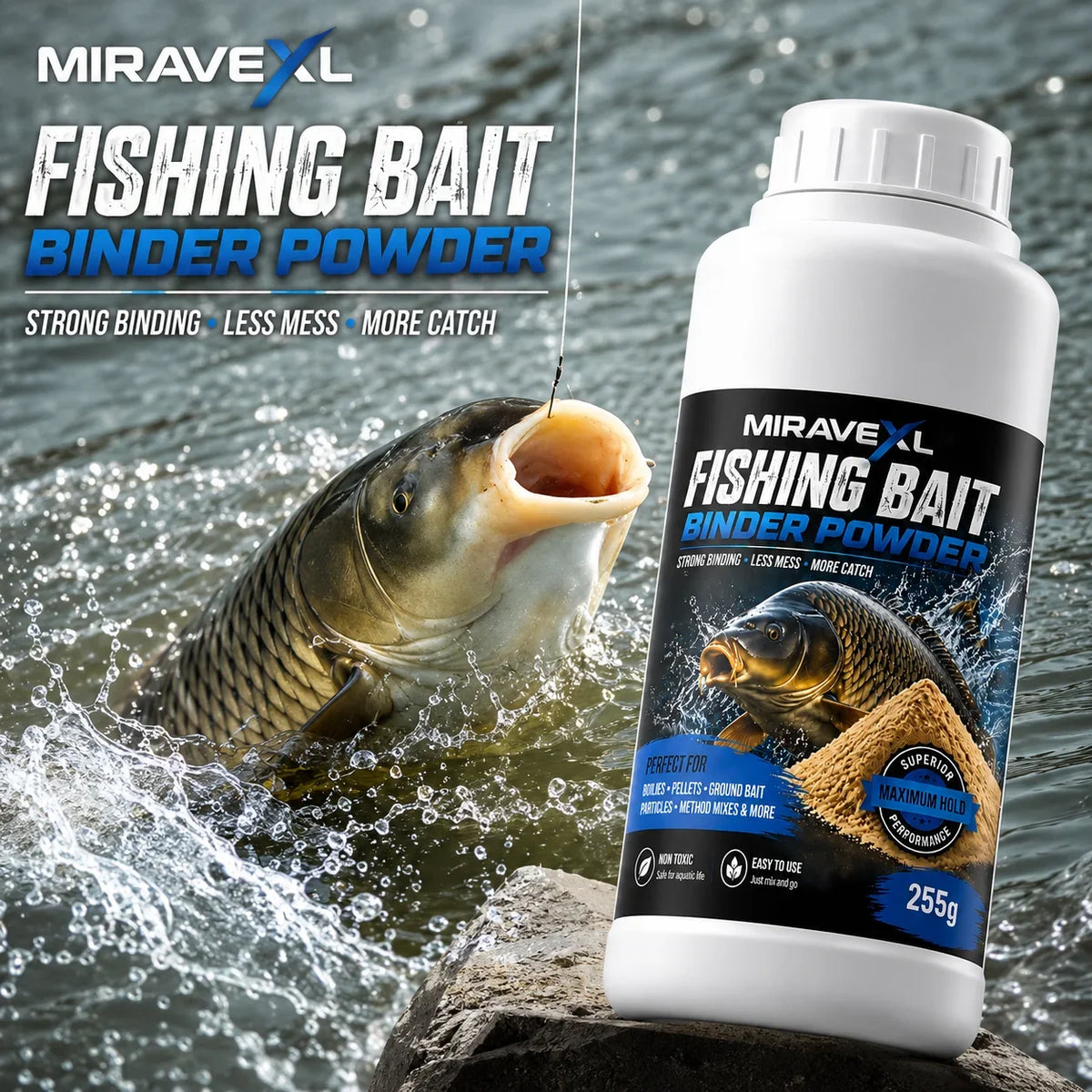 MIRAVEXL Fishing Bait Binder Powder 255g – Boilies & Pellets