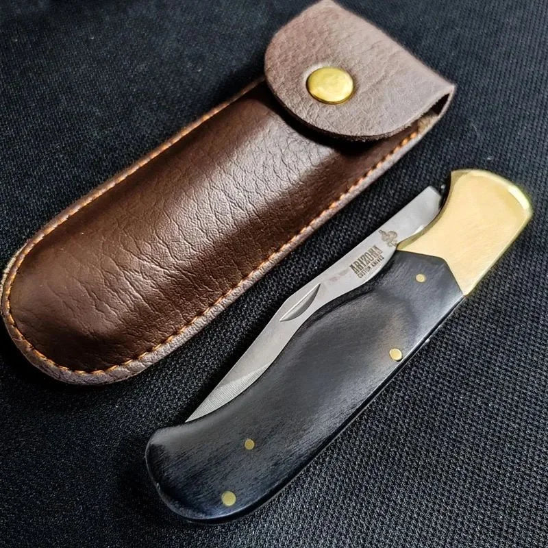 Folding Pocket Knife – Ebony & Brass Handle, Leather Sheath EDC