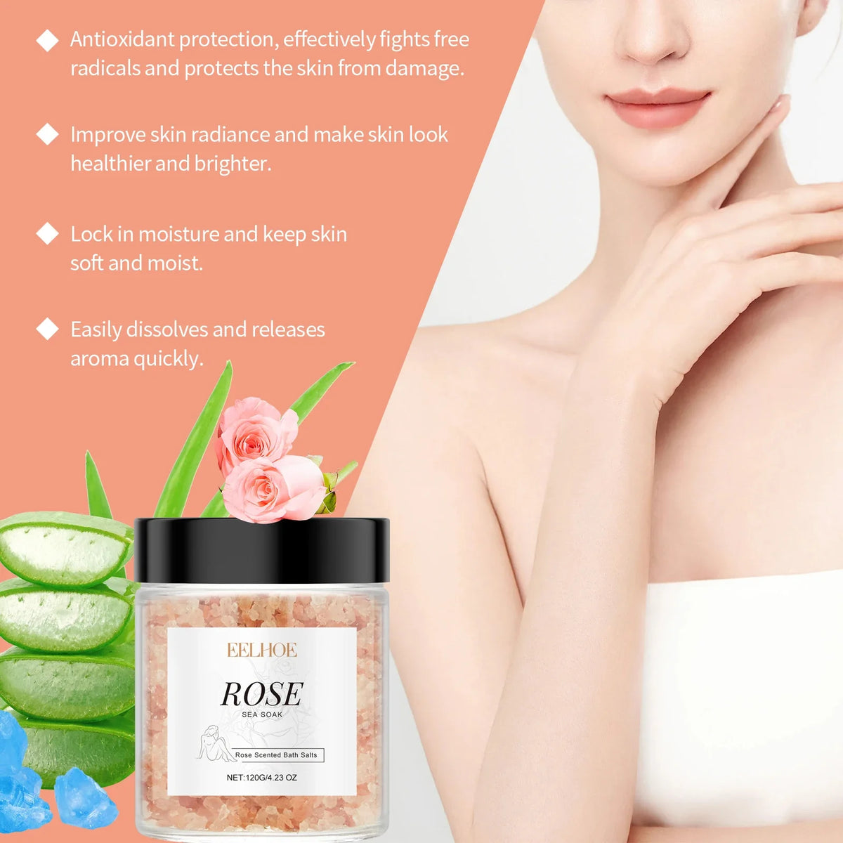 EELHOE Rose Bath Salts – Exfoliating, Pore-Minimizing, Stress Relief