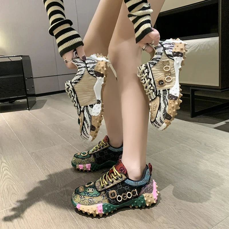 Women's Rhinestone Platform Sneakers – Glam Thick Sole Shoes