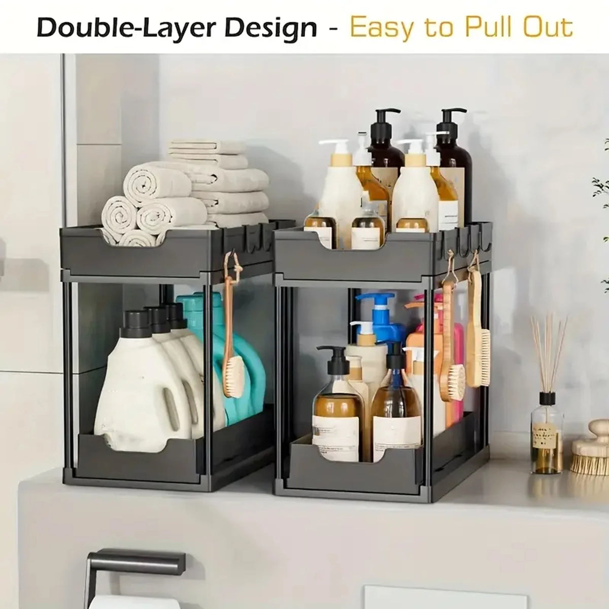 Double-layer Pull-out Kitchen Storage Rack Non-slip Stable