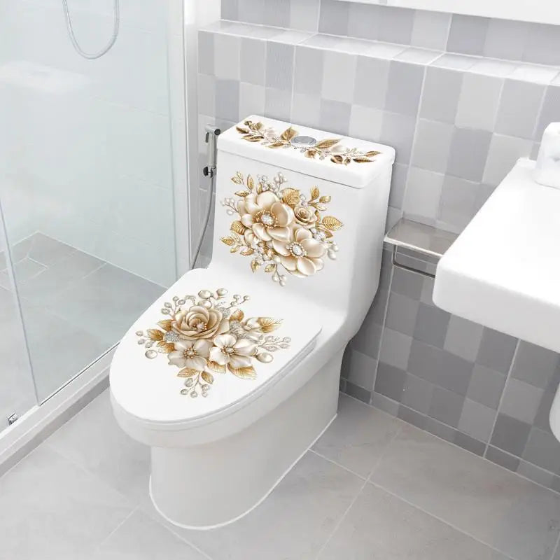 Gold Pearl Floral Toilet Sticker – Waterproof Bathroom Decal
