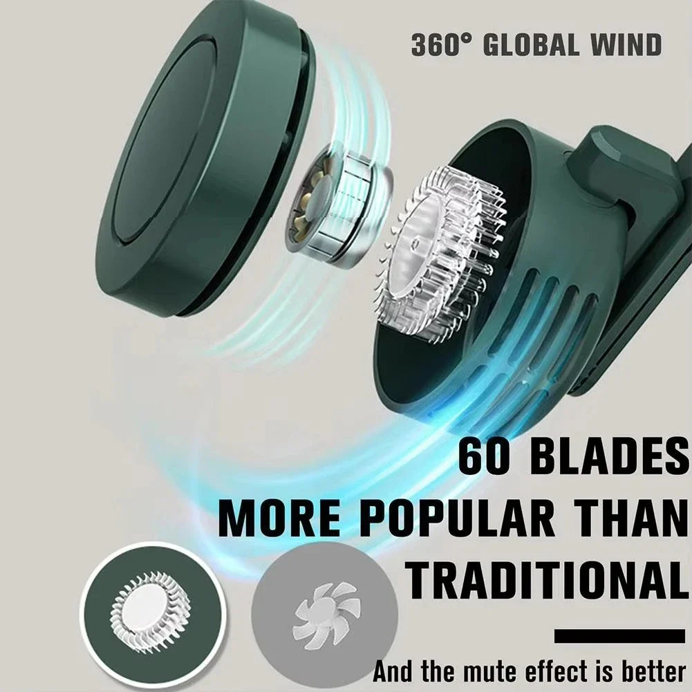 Mini Bladeless Clip Fan – USB Rechargeable Portable Neck & Waist Fan