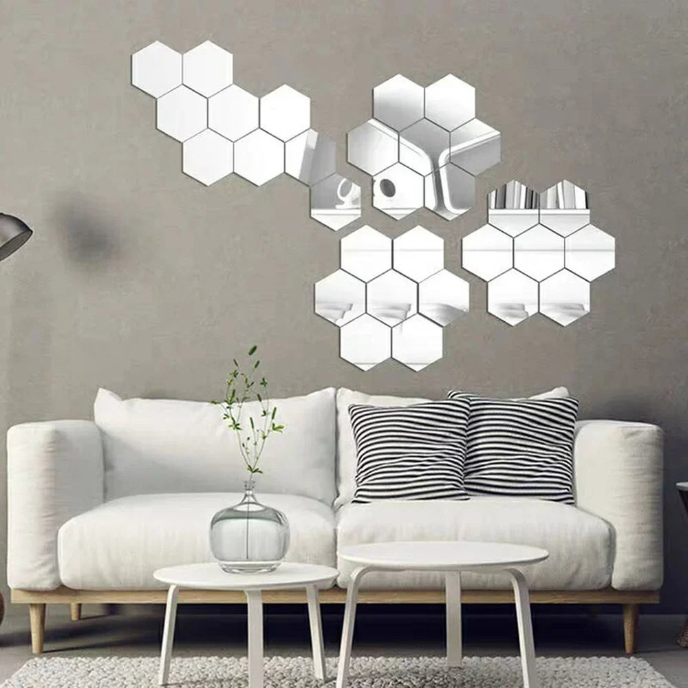 12-Pc 3D Hexagon Acrylic Mirror Wall Stickers | Gold & Silver