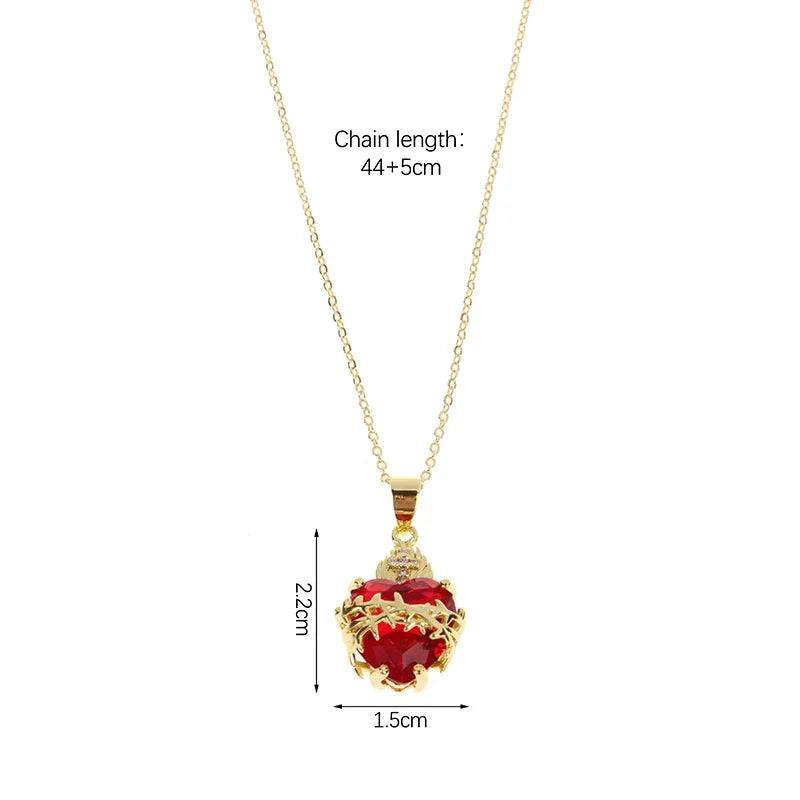 Jesus Cross Choker Necklace – Red Zircon Heart Pendant Women