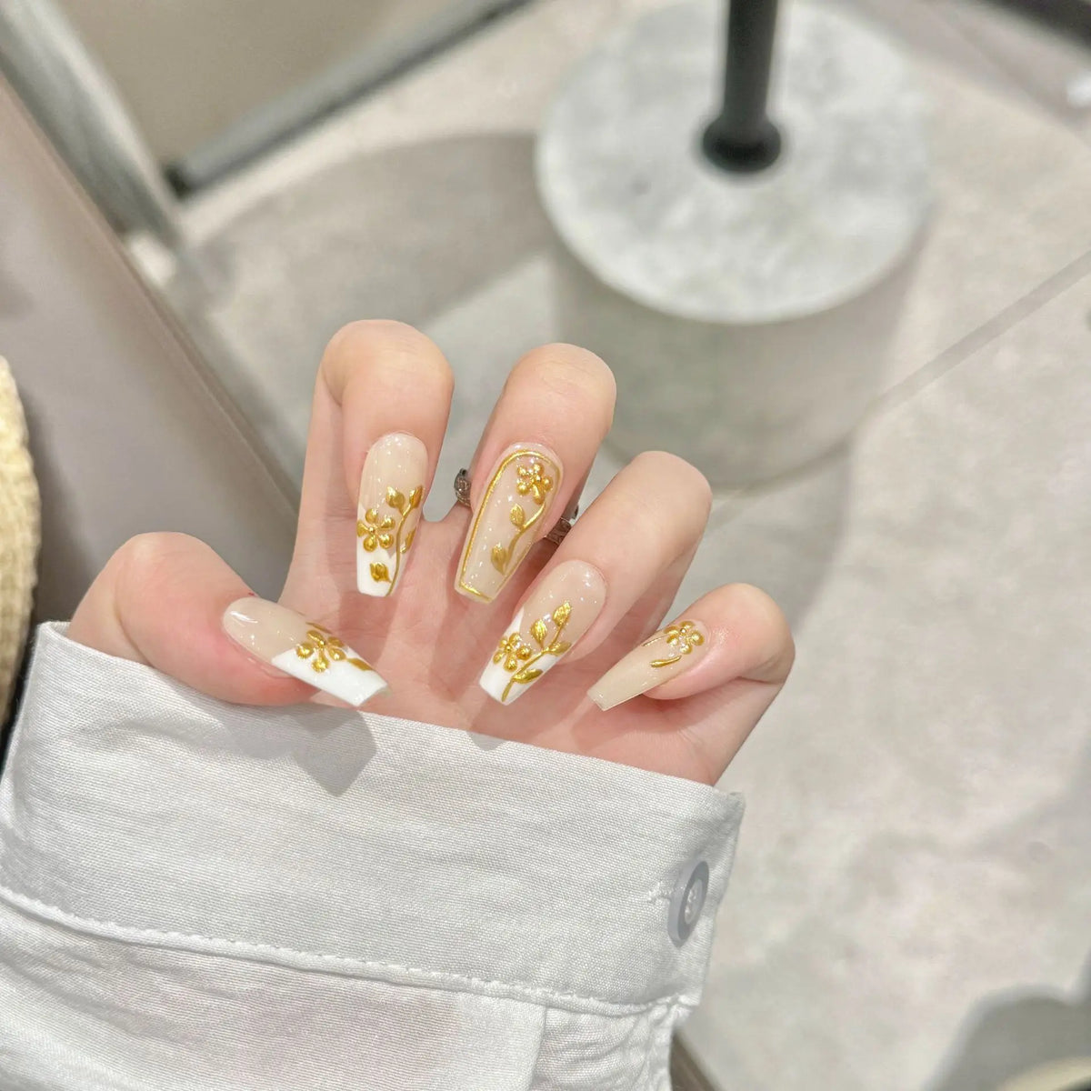 Gold Flower French Press-On Nails | Long Coffin False Nail Set
