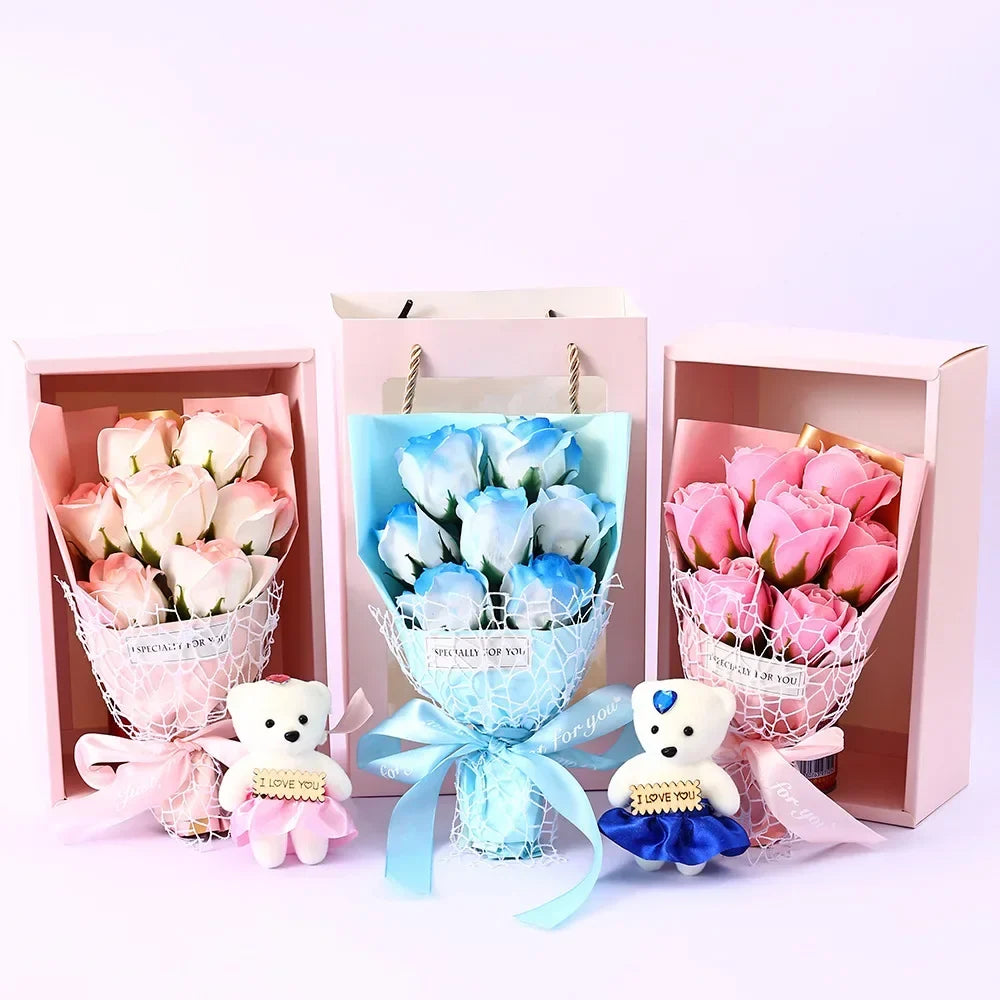 Romantic Fake Rose Bouquet Box Cute Teddy Bear Premium Soap Flower