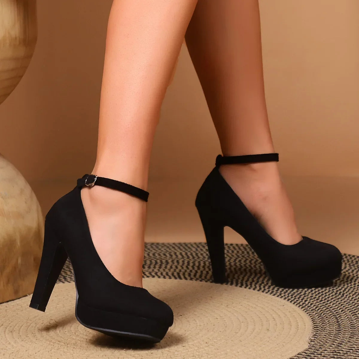 Women's Retro Mary Jane Flats – Black Suede Ankle Strap Shoes