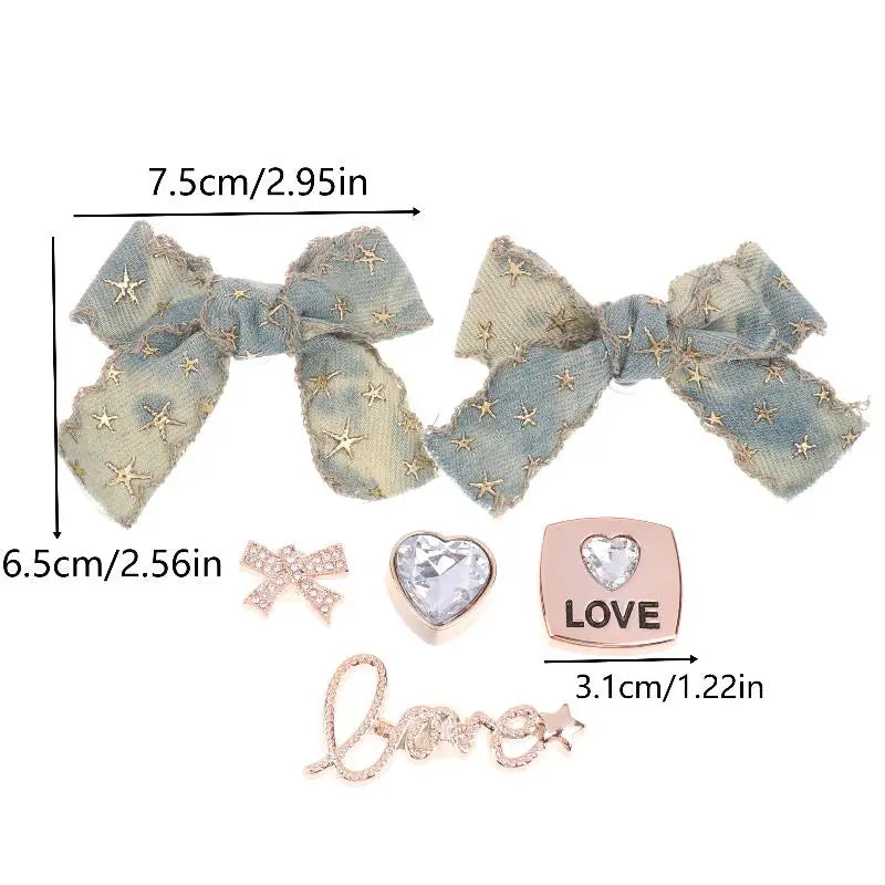 Denim Bow Rhinestone Shoe Charms DIY Decoration Kit – 6pc