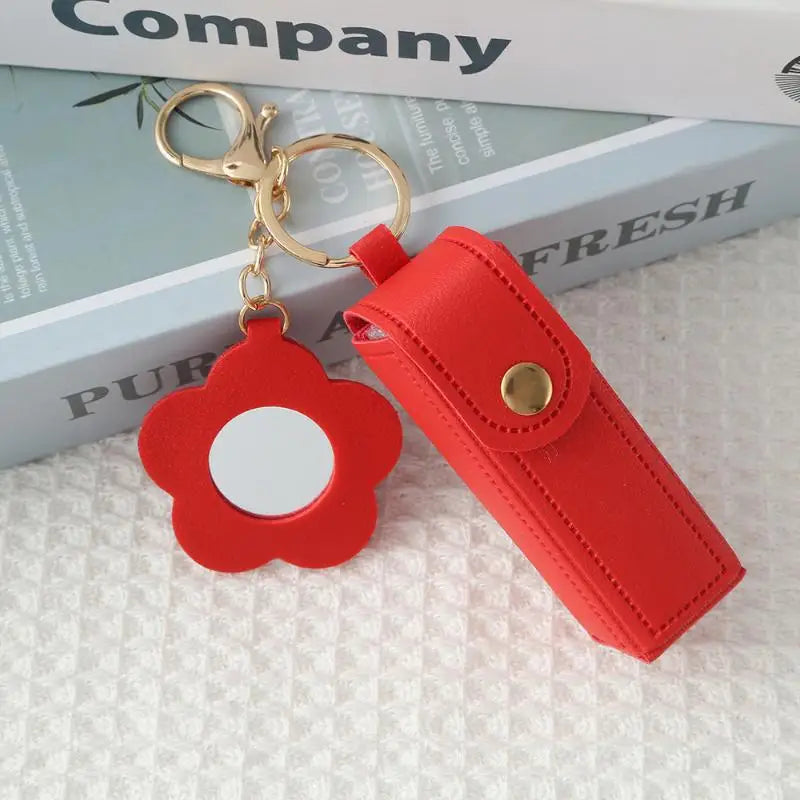 PU Leather Lipstick Holder Keychain with Flower Mirror