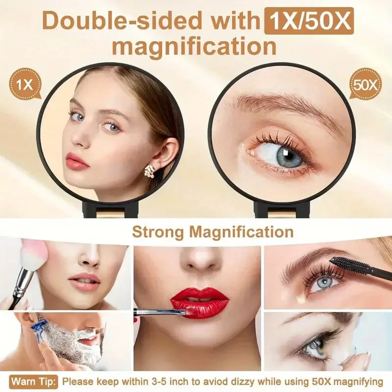 Dual-Sided 1X/50X Magnifying Makeup Mirror – Handheld Portable