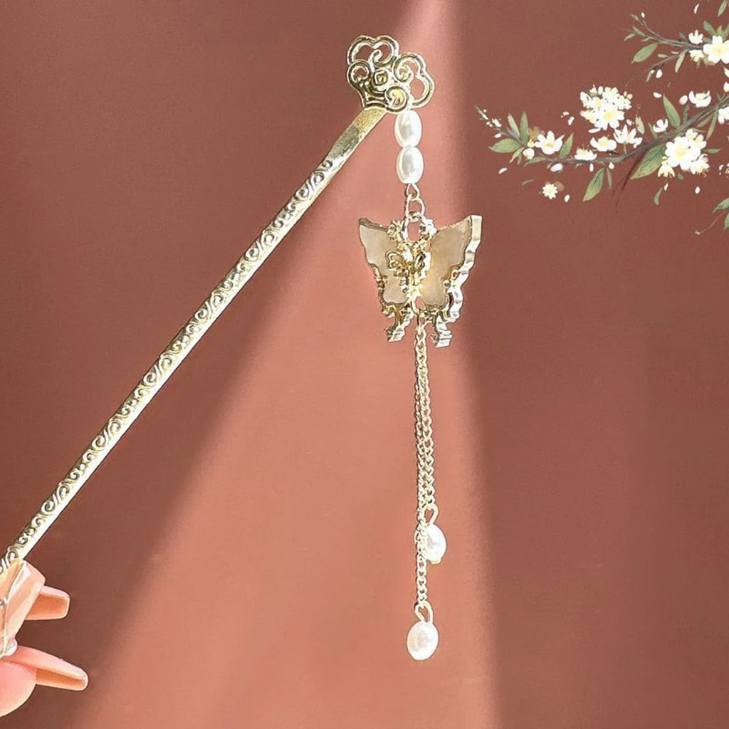 Metal Butterfly Hair Sticks with Pearl Tassel | Hanfu Style