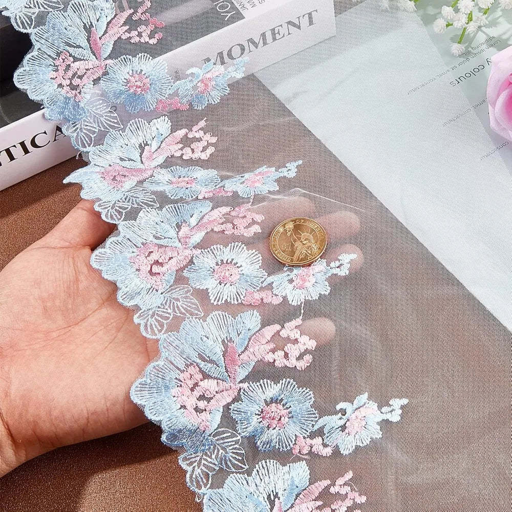 Floral Embroidered Lace Organza Trim – 5 Yards Sky Blue
