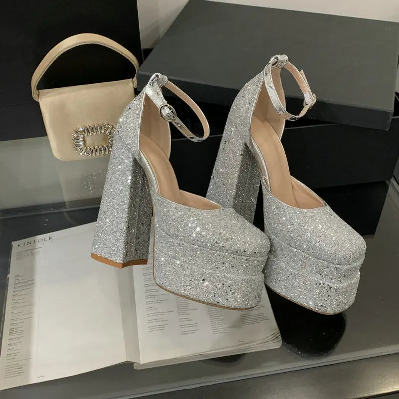 Women's Silver Platform High Heel Sandals | Luxury Party Pumps