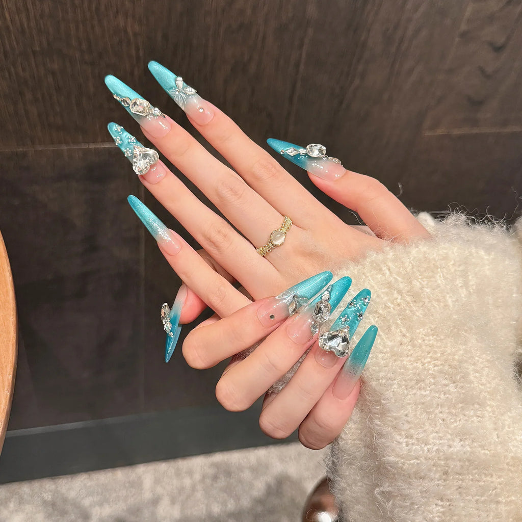 Handmade Press-On Nails | Gradient Blue Cat Eye Crystal Tips