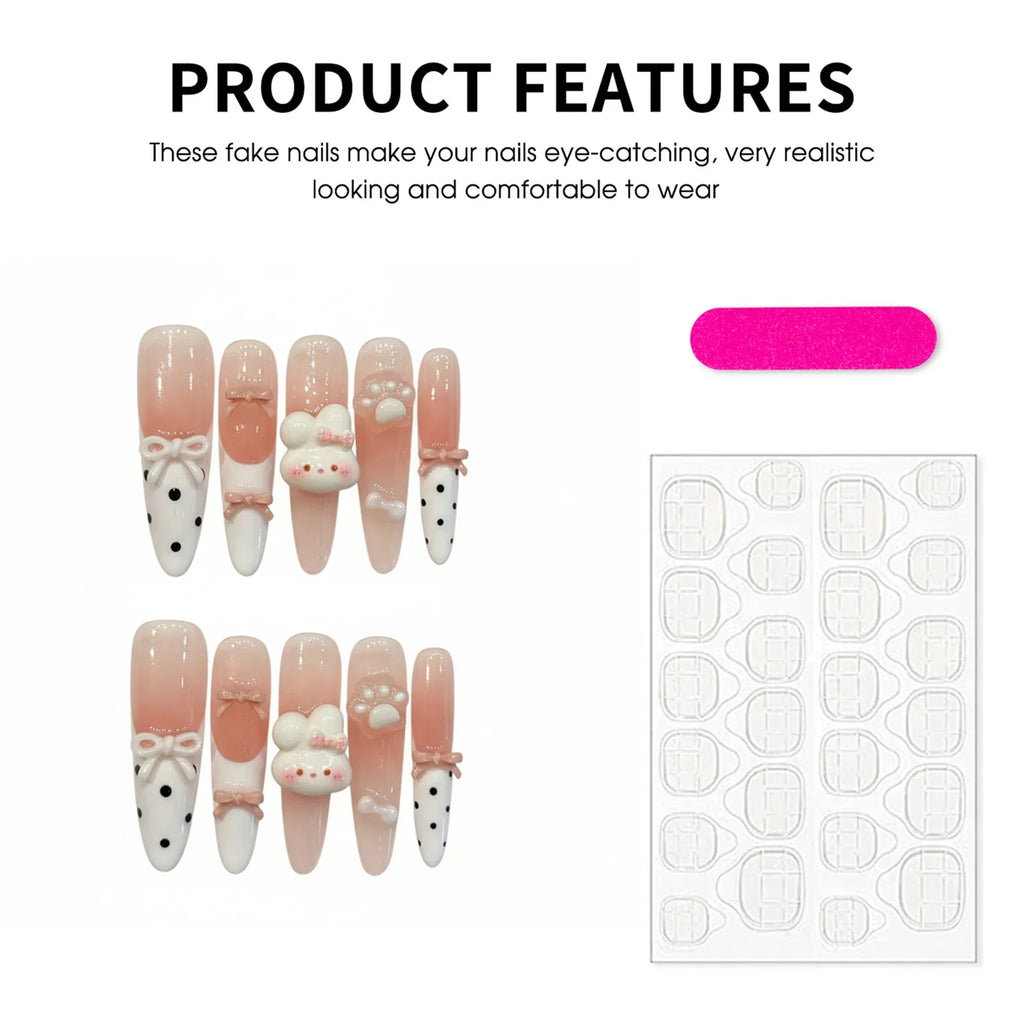 3D Pink Rabbit Press On Nails | Almond Gradient Korean Style