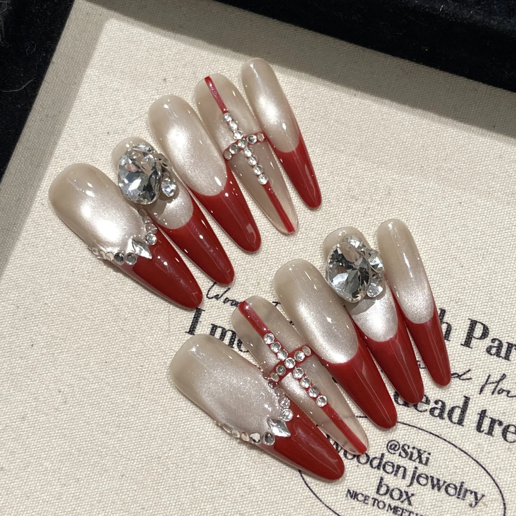 Handmade Press Nails Long Oval Red French Fake Women Girl Wearable