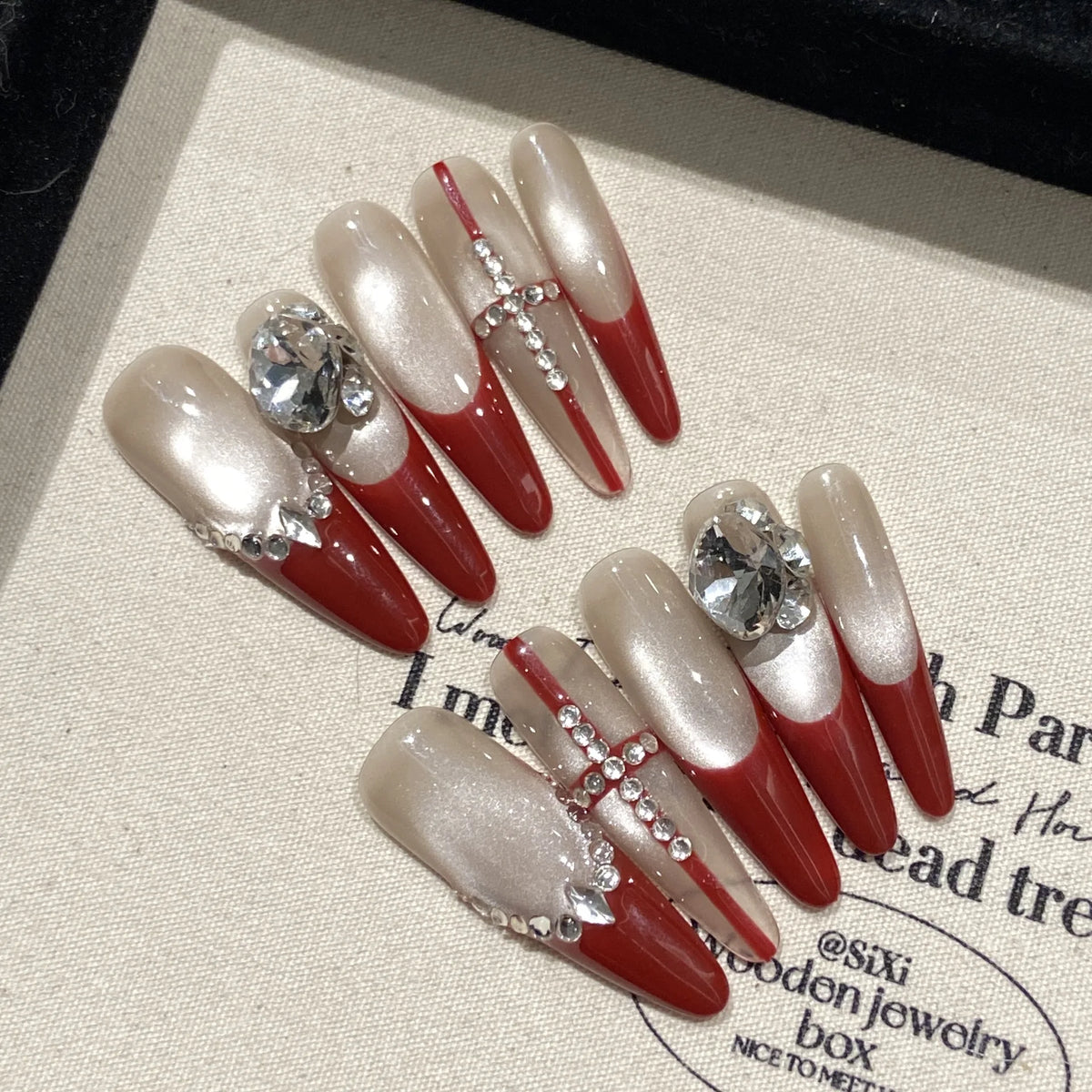 Handmade Press Nails Long Oval Red French Fake Women Girl Wearable