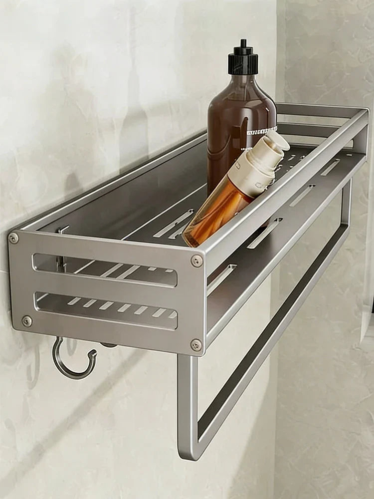 Aluminum Shower Corner Shelf with Towel Bar | No Drill