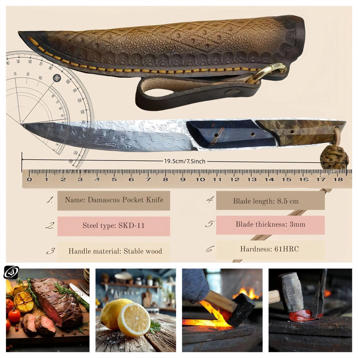 Damascus Steel Fruit Knife – SKD-11 Blade & Wood Handle