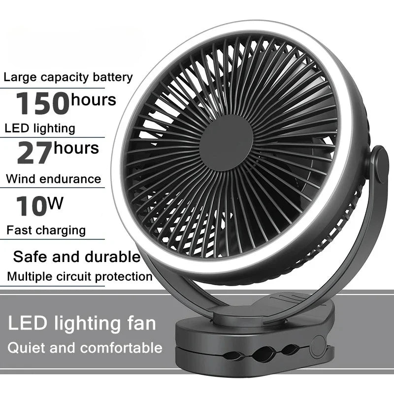 9000mAh Clip Fan with LED Lamp – Rechargeable Portable Fan