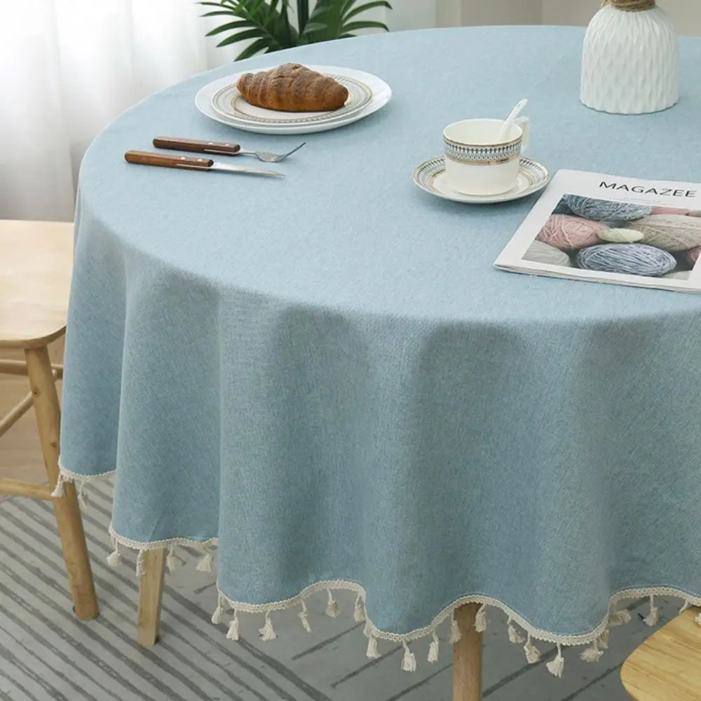Round Cotton Linen Tablecloth with Tassels | Waterproof & Dustproof