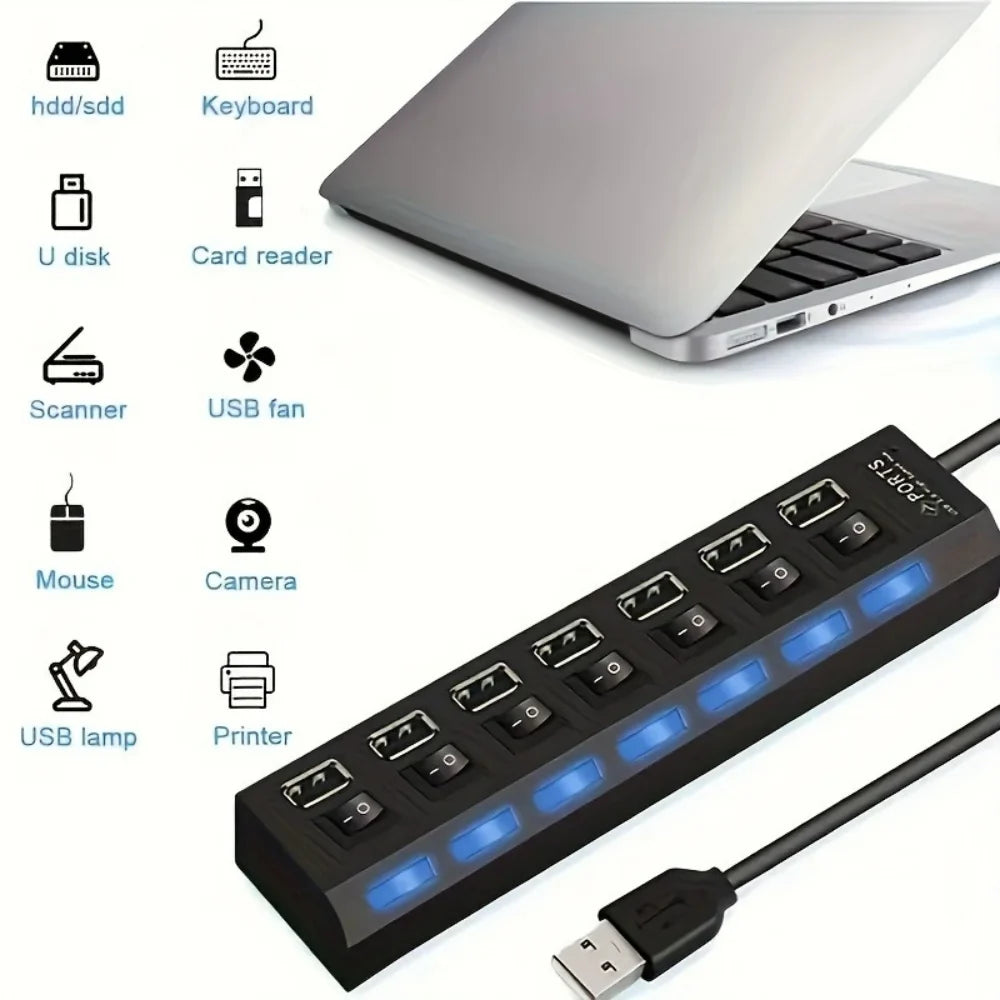 4/7 Port USB 2.0 Hub Splitter with LED Switch | PC & Laptop