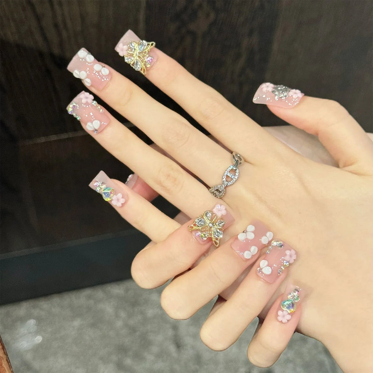 Handmade Press-On Nails Short Duck Tip Pink Floral Rhinestone 3D