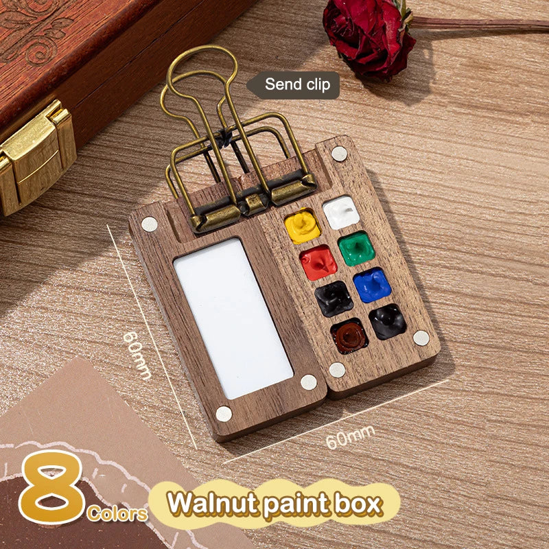 Mini Walnut Wood Watercolor Palette Portable Paint Box Clip Travel