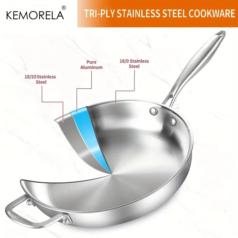 KEMORELA 30cm 316 Stainless Steel Non-Stick Wok Pan