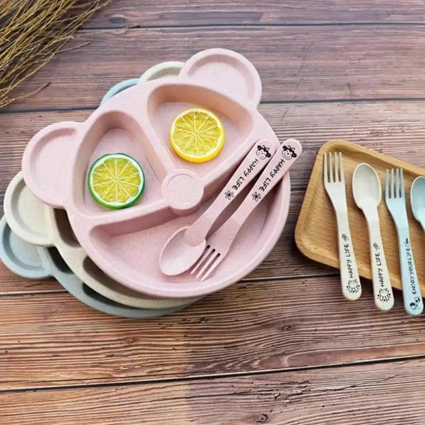 Cartoon Bear Baby Feeding Set – Bowl, Spoon & Fork Dinnerware