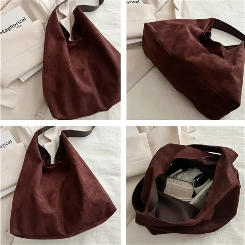 Women's Large Retro Faux Suede Tote Shoulder Bag | Matte Handbag