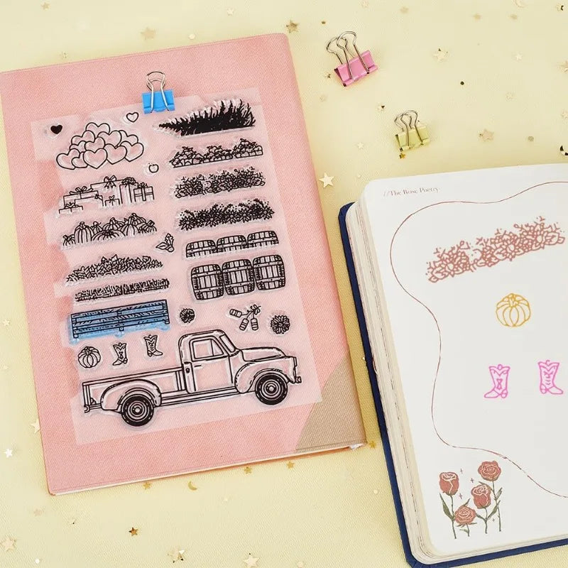 Autumn Farm Truck Clear Silicone Stamp – Pumpkin & Flowers