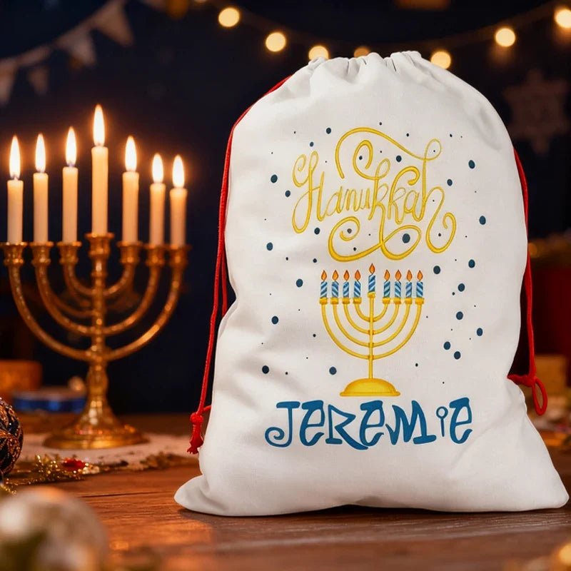 Personalized Hanukkah Drawstring Gift Bag | Gold Menorah Design