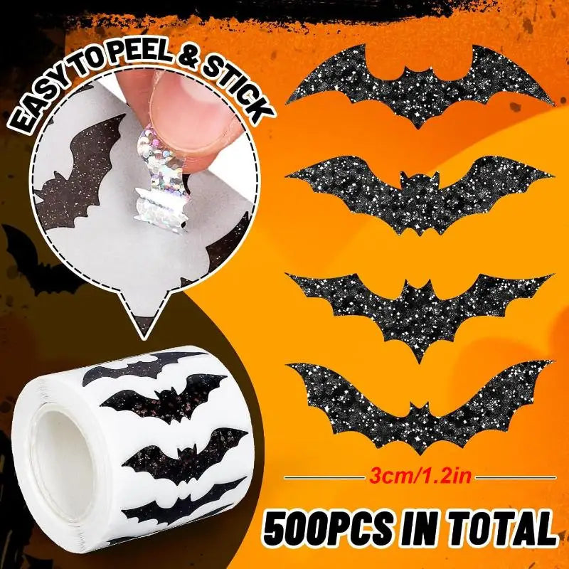 500pcs Halloween Bat Stickers Roll – Glitter Laser Self-Adhesive