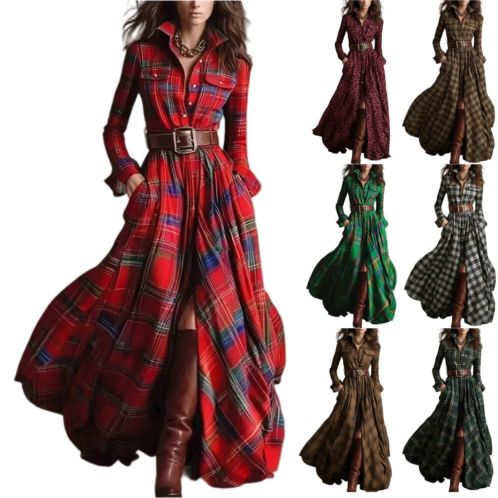 Retro Plaid Maxi Shirt Dress – Long Sleeve, Belt & Pockets