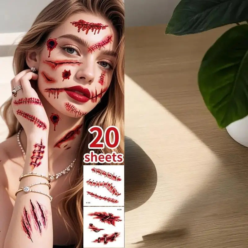 20 Sheets 3D Fake Scar Tattoos – Halloween Cosplay Body Stickers