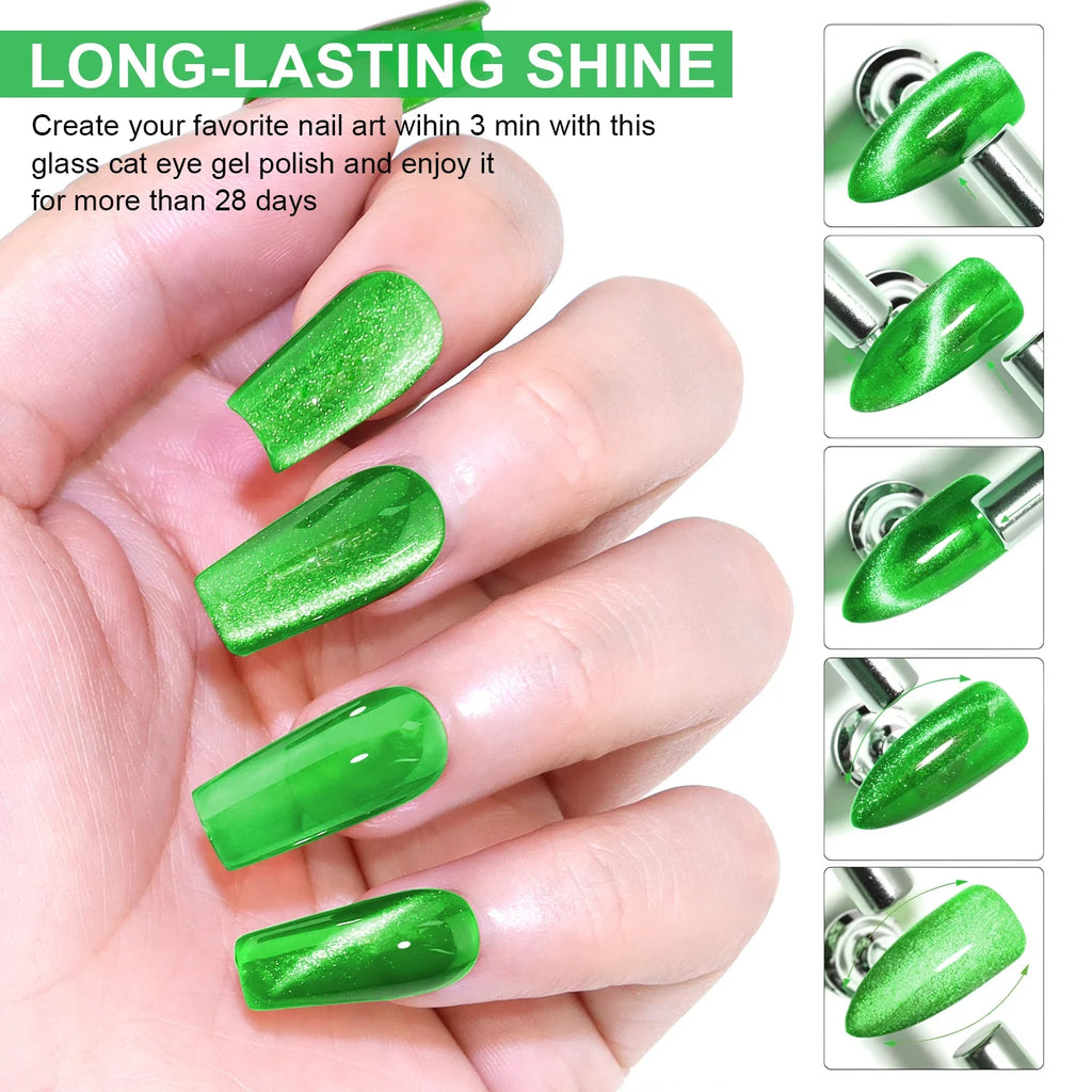 Green Cat Eye Gel Polish Glossy Magnetic Nail Holographic 9D Effect