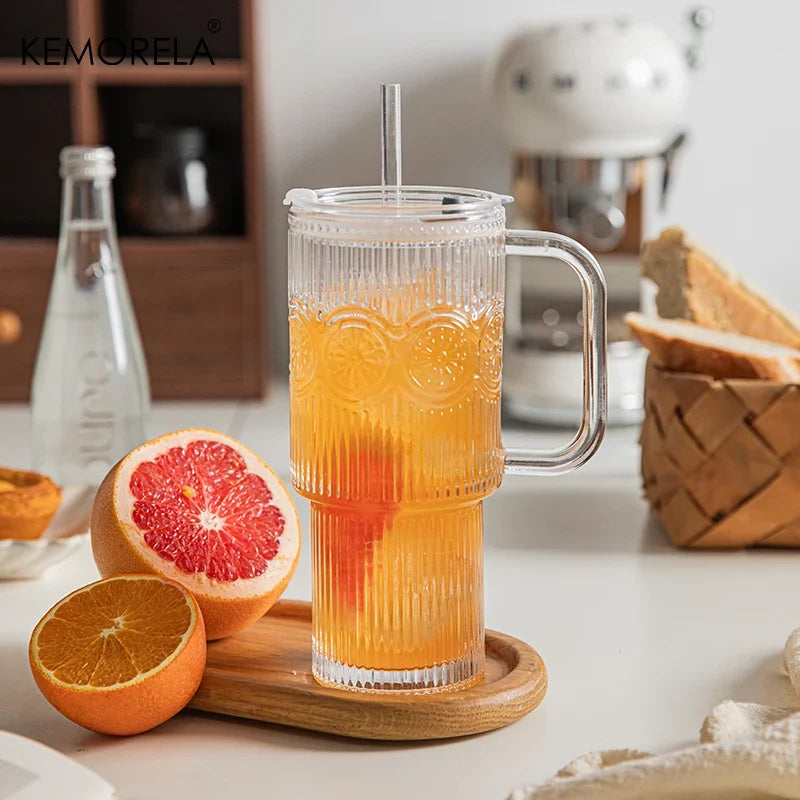 KEMORELA 750ml Sunflower Glass Tumbler with Lid & Straw
