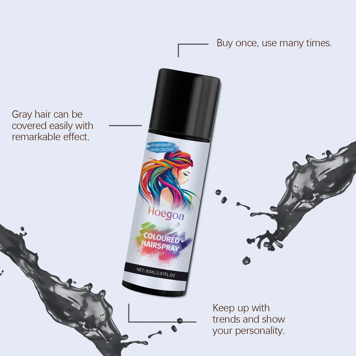 HOEGOA Black Hair Dye Spray – Instant Color & Frizz Control 85ml
