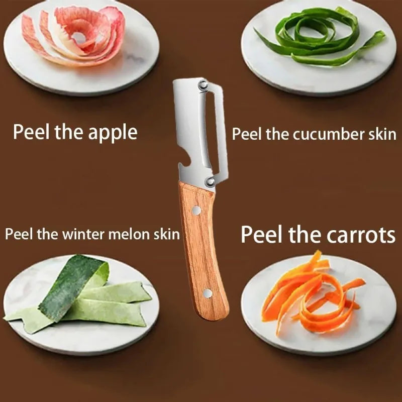 Multi-Function Vegetable Peeler – Wooden Handle & Bottle Opener